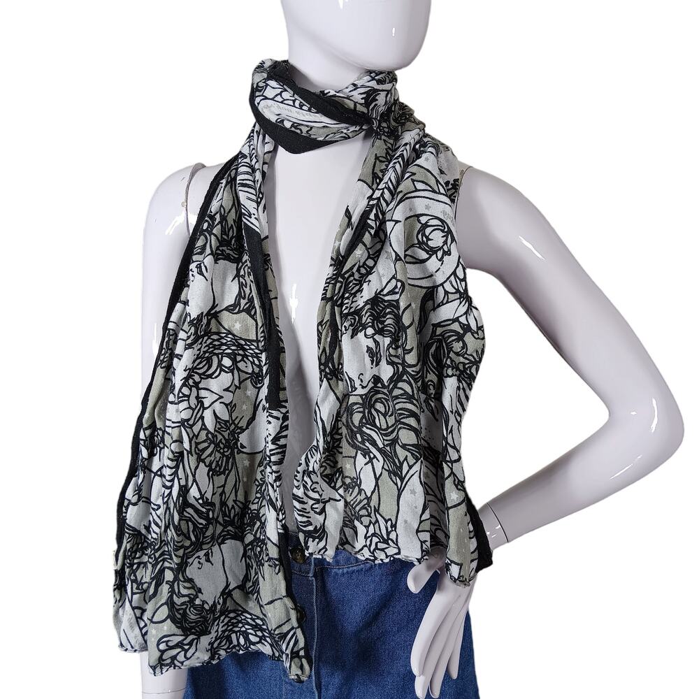 Bookish Box Serpent and Dove Scarf Black White and Gray Toones 20" x 68"